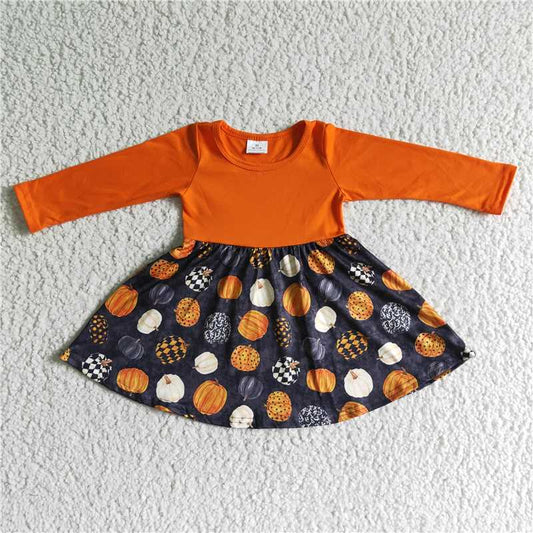 GLD0011  Baby girls pumpkin orange long sleeve dresses