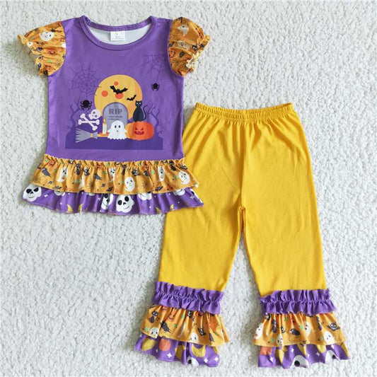 GSPO0137 Girls Halloween Pumpkin Ghost Purple Short Sleeve Long Pants Set
