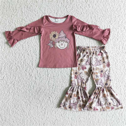 GLP0104Scarecrow sunflower corn print girls clothing set