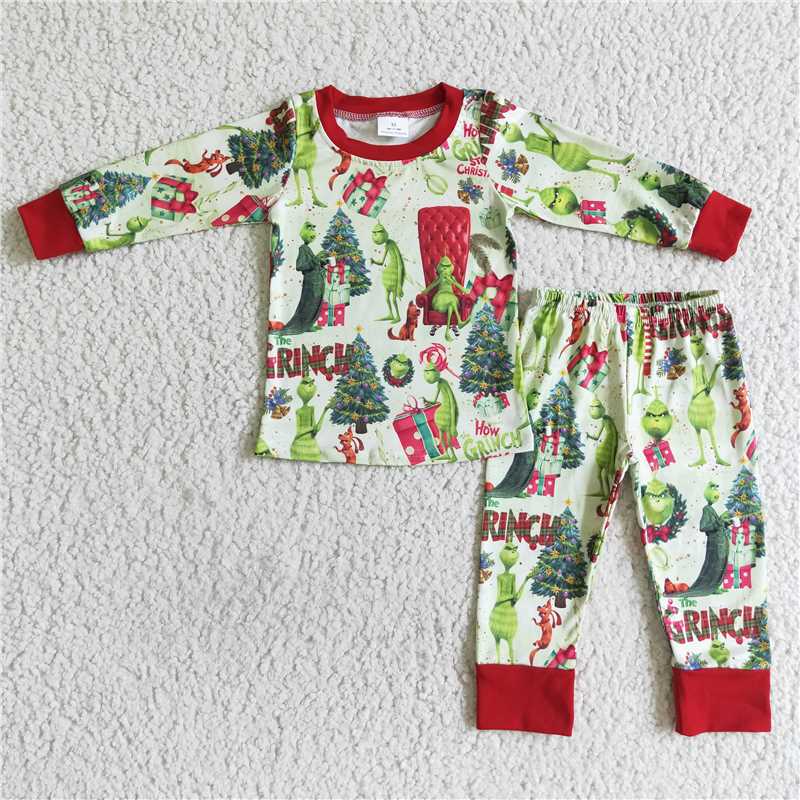 Baby kids red and green Christmas green furry monster print long sleeve long pants pajama set