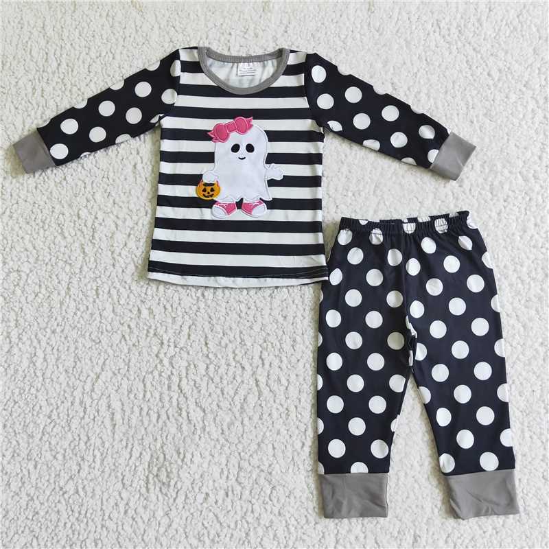 GLP0066Ghost pumpkin basket embroidery polka dots girls Halloween pajamas