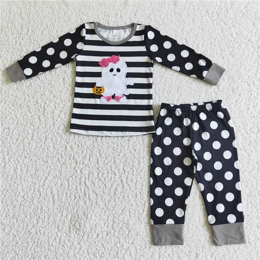 GLP0066Ghost pumpkin basket embroidery polka dots girls Halloween pajamas