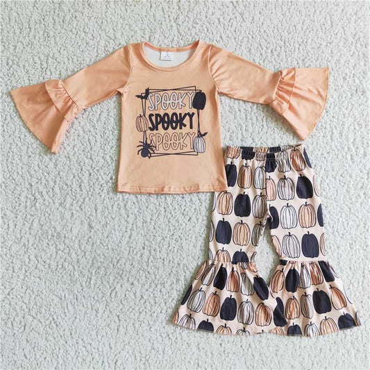 GLP0181Spooky shirt pumpkin pants kids girls Halloween set
