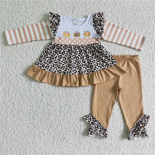 GLP0184Pumpkin embroidery leopard tunic girls fall clothes
