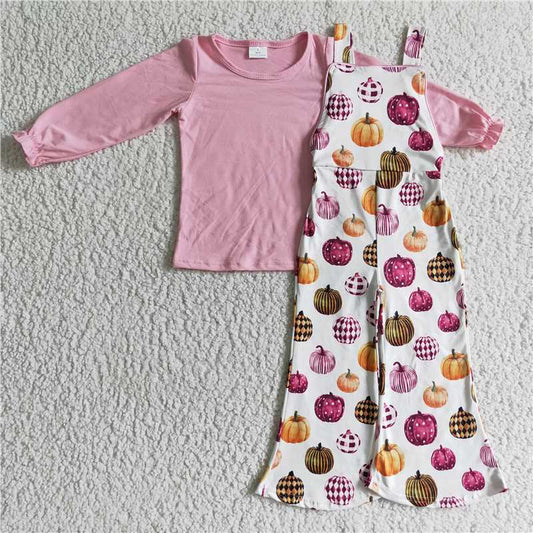 GLP0188Pink cotton shirt pumpkin overalls girls Halloween clothing