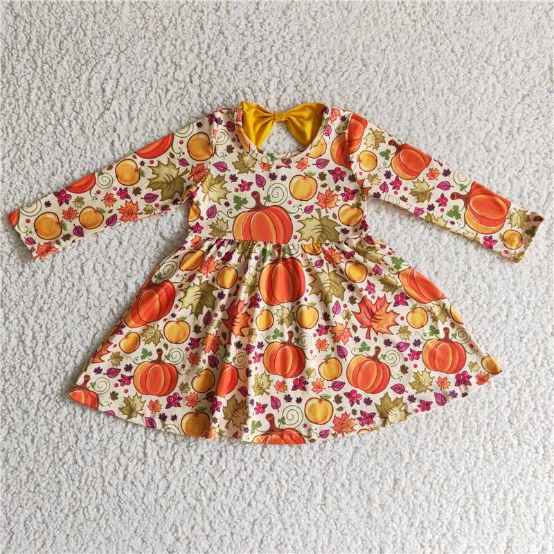 GLD0055  Baby girls Fall pumpkin leaves knee length dresses