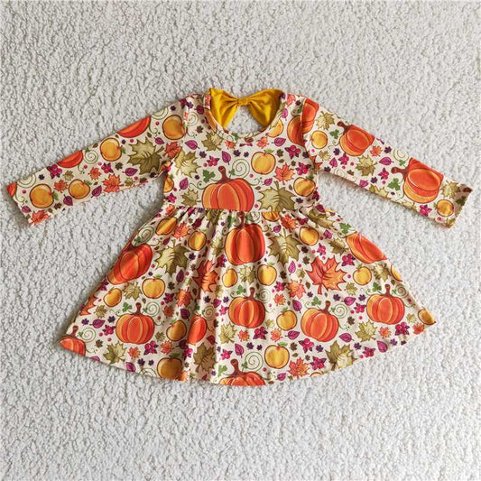 GLD0055  Baby girls Fall pumpkin leaves knee length dresses