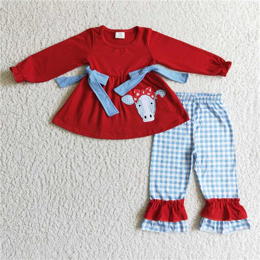 GLP0068Cow embroidery red tunic plaid pants girls clothing set