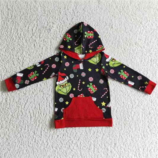 BT0069 Boys grinch gift hooded pocket long sleeve top