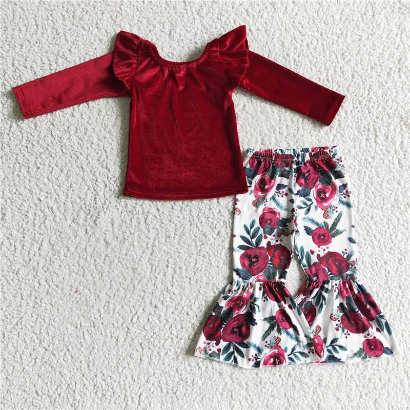 GLP0361Red velvet shirt floral pants girls clothing set