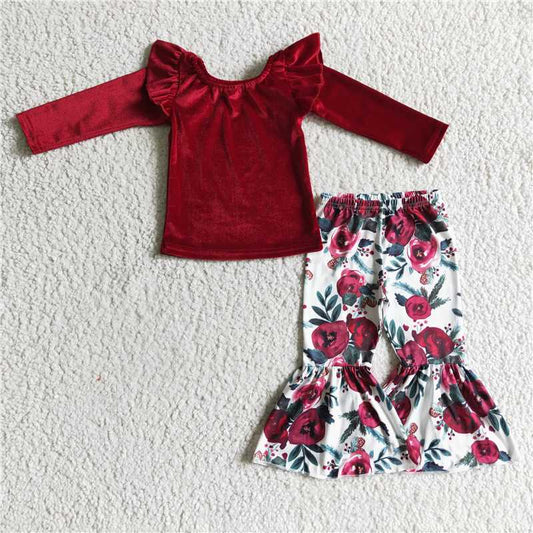 GLP0361Red velvet shirt floral pants girls clothing set