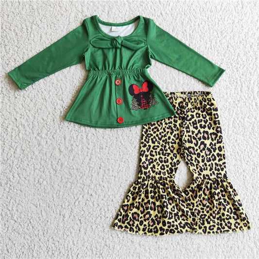 GLP0278 Girls' green Christmas tree long-sleeved leopard print trousers suit