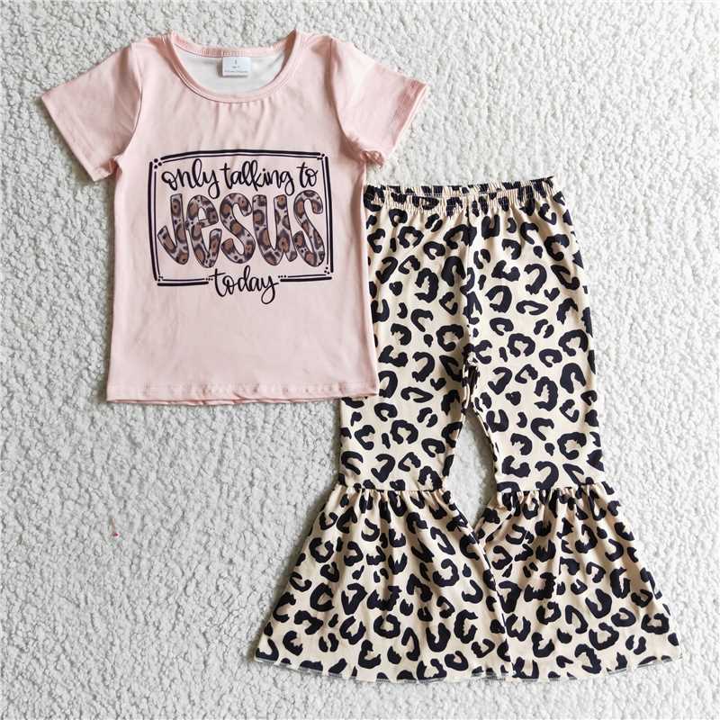 GSPO0226 Girls' Jesus pink short-sleeved leopard print trouser suit