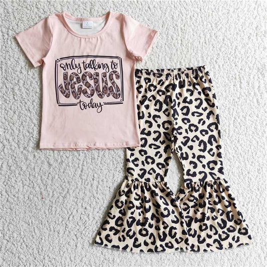 GSPO0226 Girls' Jesus pink short-sleeved leopard print trouser suit