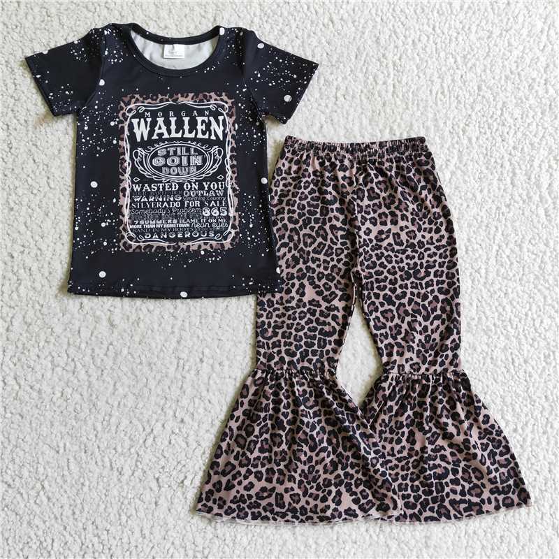 GSPO0227 Girls WALLEN black leopard print short-sleeved trousers suit