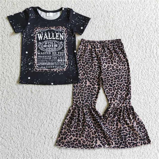 GSPO0227 Girls WALLEN black leopard print short-sleeved trousers suit