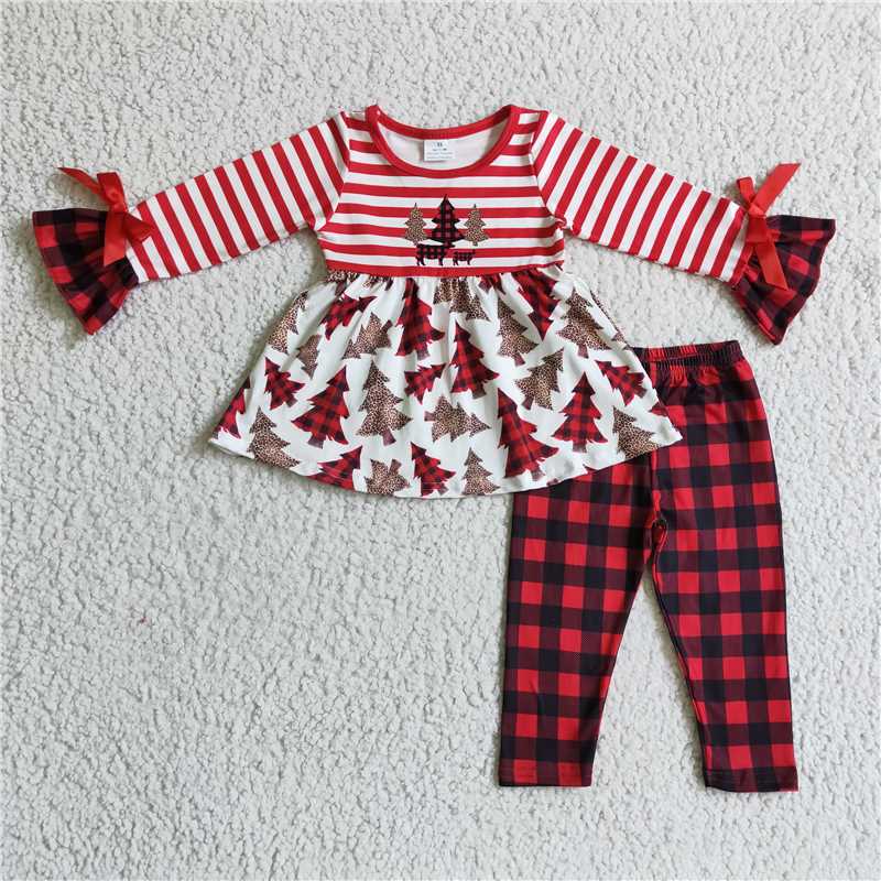 GLP0084 Girls' Christmas tree striped long sleeve and trousers suit