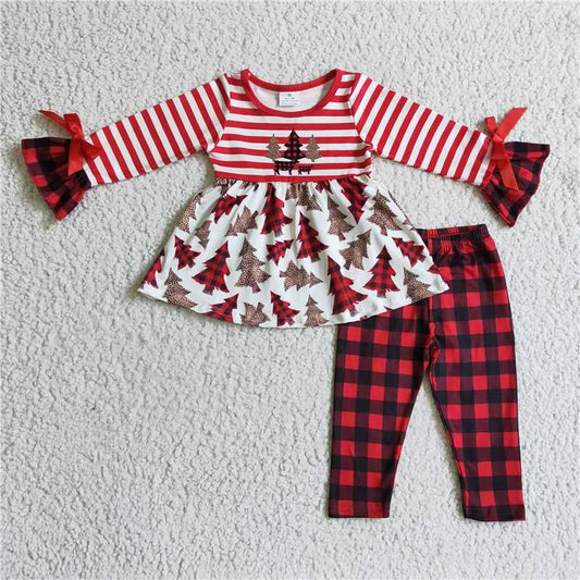GLP0084 Girls' Christmas tree striped long sleeve and trousers suit