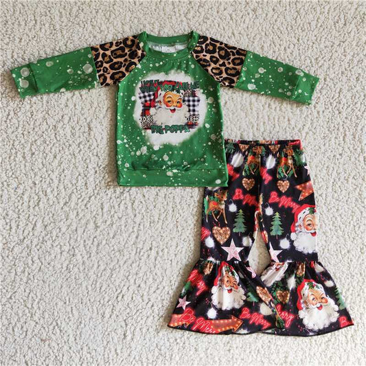 GLP0321 Girls Santa Claus green leopard print long sleeve black trousers suit