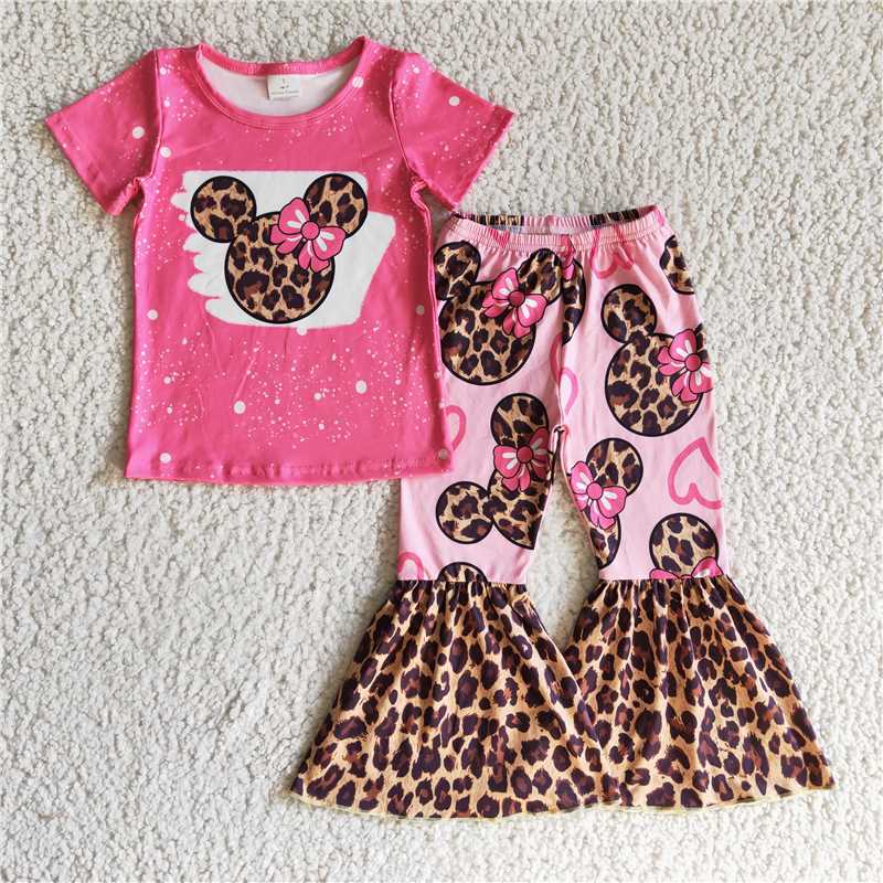 GSPO0225 Girls' leopard print Mickey head rose red short-sleeved trousers suit