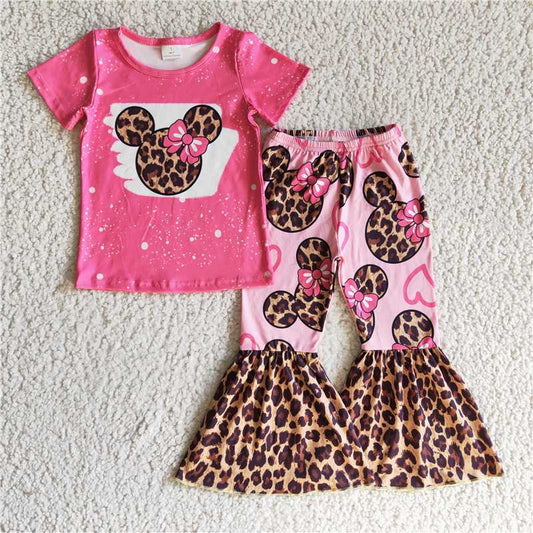 GSPO0225 Girls' leopard print Mickey head rose red short-sleeved trousers suit