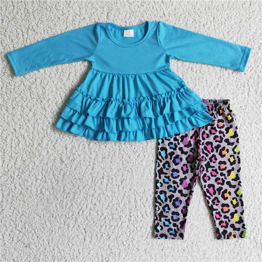 GLP0333Blue cotton ruffle tunic leopard leggings girls clothes