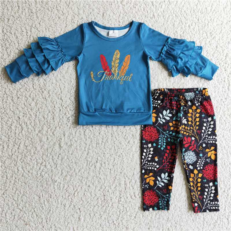 GLP0325Thankful feather ruffle shirt leggings girls Thanksgiving clothes