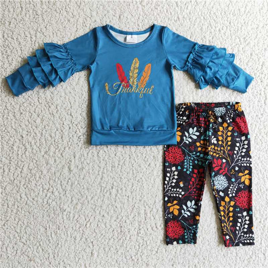 GLP0325Thankful feather ruffle shirt leggings girls Thanksgiving clothes