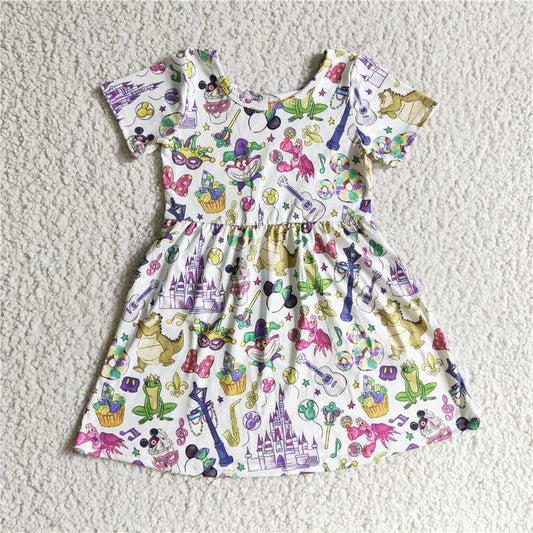 12.17 RTS NO MOQ （In stock）GSD0153 Baby Girls Mardi Gras Knee Length Short Sleeve Dresses