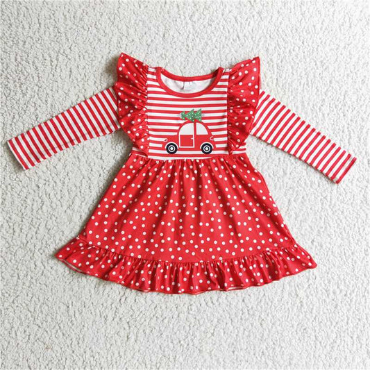 11.25 RTS NO MOQ （In stock）GLD0145 Baby Girls Red Car Christmas Ruffle Dresses