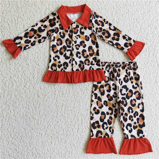 GLP0307Leopard long sleeves girls ruffle pajamas