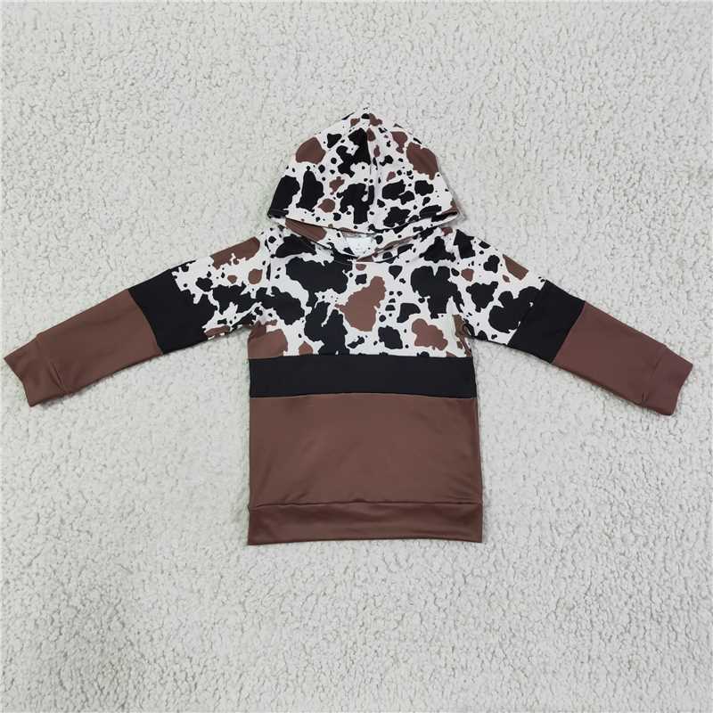 BT0100 Boys' brown hooded long-sleeved top with ink pattern