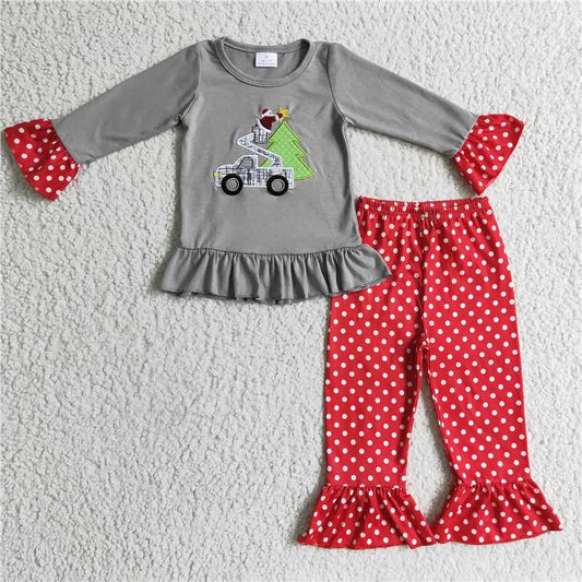 GLP0332 Girls Embroidered Santa Claus Car Tree Grey Long Sleeve Red Pants Set