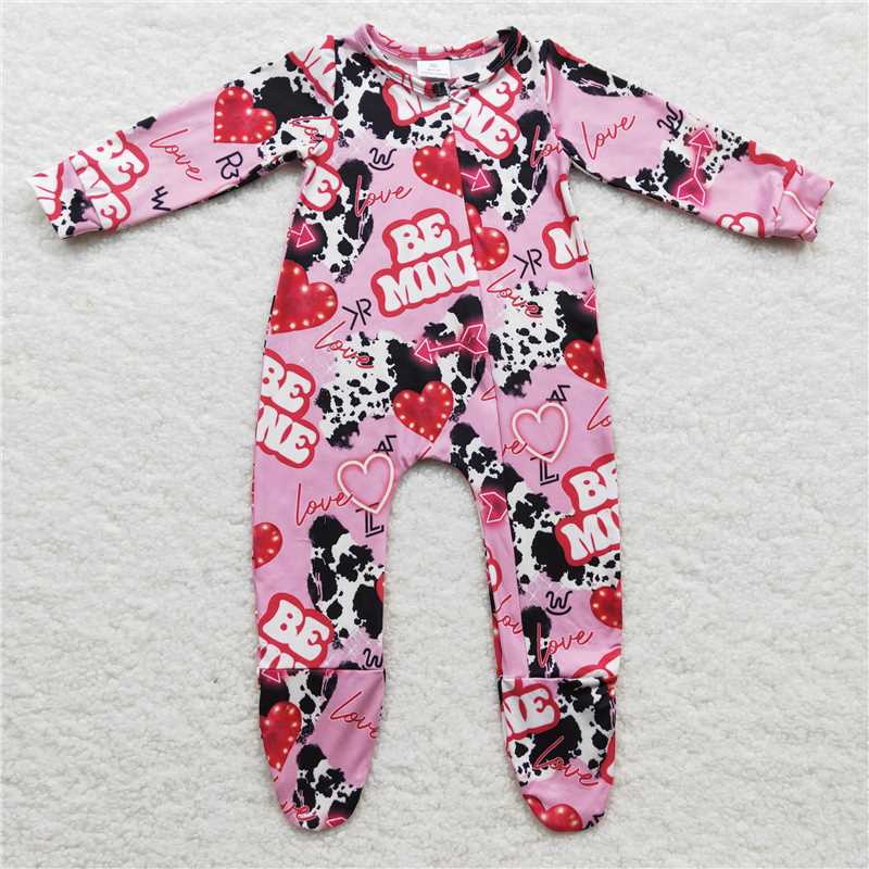LR0235 Be mine heart cow baby girls western Valentine's romper