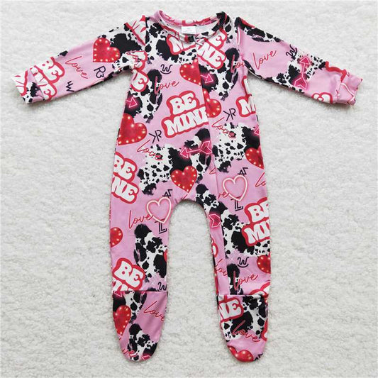LR0235 Be mine heart cow baby girls western Valentine's romper