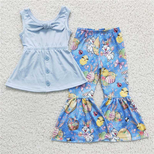 GSPO0233 Girls blue bunny flower short-sleeved trousers suit