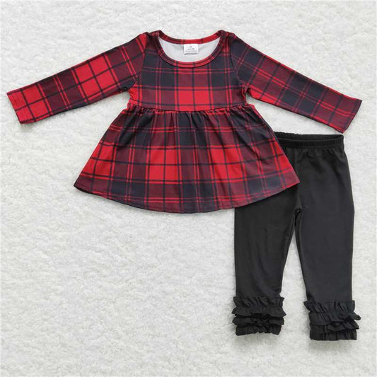 GLP0330Buffalo plaid tunic black icing ruffle leggings girls Christmas clothing