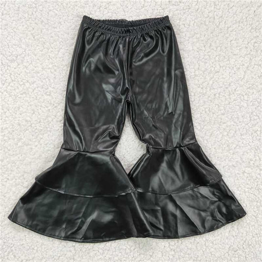 P0034  Baby Girls leather double ruffle black pants