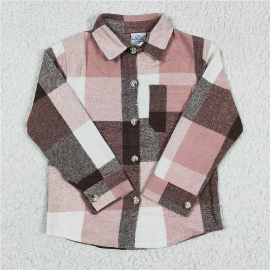 GT0073 Baby Girls Pink Plaid Long Sleeve button ups Flannel shirts tops