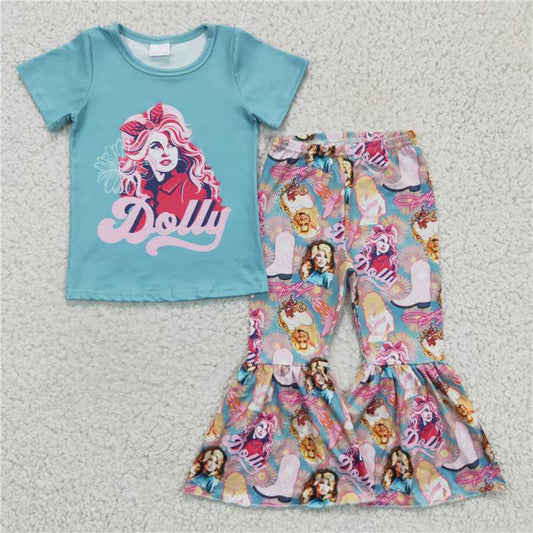 GSPO0224 Girl singer DOLLY blue short-sleeved trousers suit