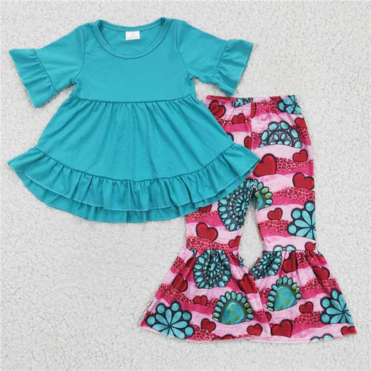 GSPO0237 Cotton tunic turquoise heart pants girls Valentine's clothes