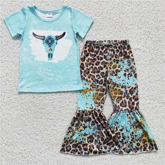 GSPO0248 Girls' blue short-sleeved leopard print trousers suit