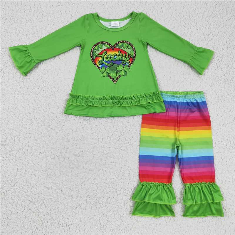 GLP0364 Lucky heart ruffle shirt rainbow pants girls St patrick's day clothes