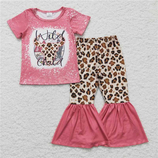 GSPO0254 Girls' leopard print bull head pink short-sleeved trousers suit