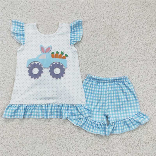 GSSO0127 Girl Rabbit Car Carrot Blue Flying Sleeve Shorts Suit