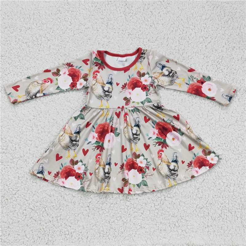 12.15 RTS NO MOQ （In stock）GLD0163 Baby Girls Valentines flower chicken Knee Length Dresses