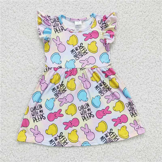GSD0159 Girls PEEPS colorful rabbit flying sleeve dress