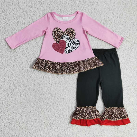 GLP0385 Girls leopard print heart pink long sleeve trousers suit