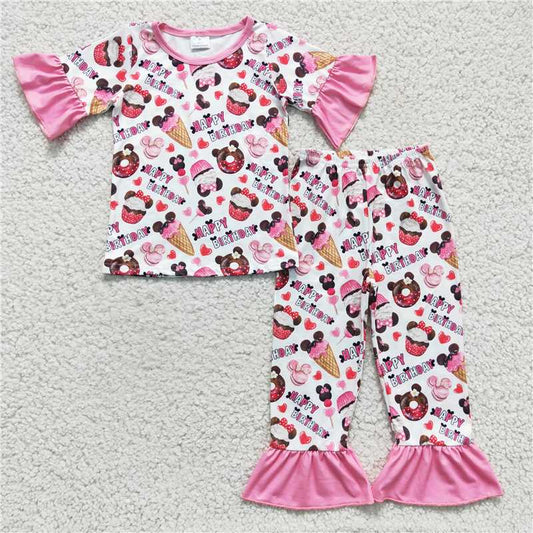 GSPO0306 Girls' happy birthday cake short-sleeved and long-pants suit