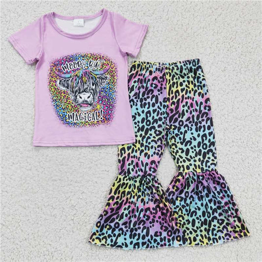 GSPO0240 Girls' Alpine cow color leopard print short-sleeved trousers suit